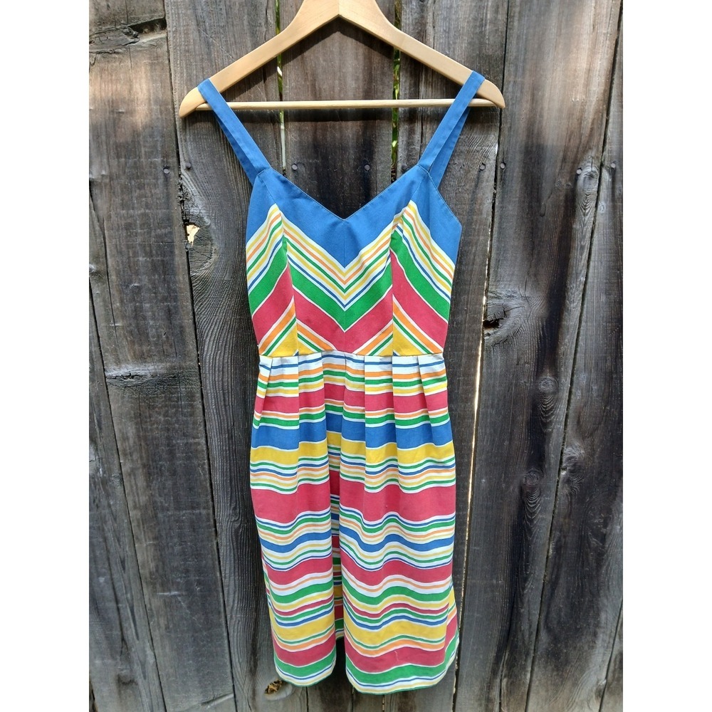Vintage Lanz Originals Rainbow Striped Sundress Chevron Bodice Midi S 70s 80s